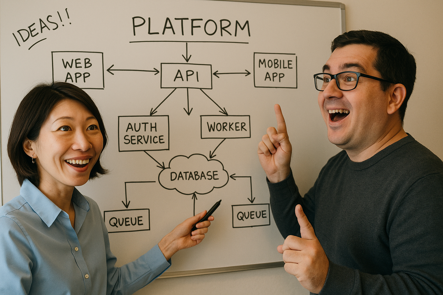 Lightbulb moment with founders sketching platform architecture