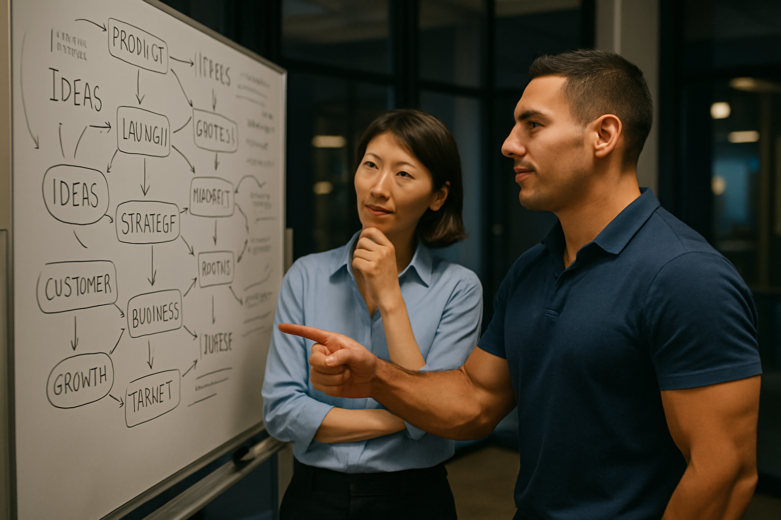 Founders working late at night with whiteboard full of ideas